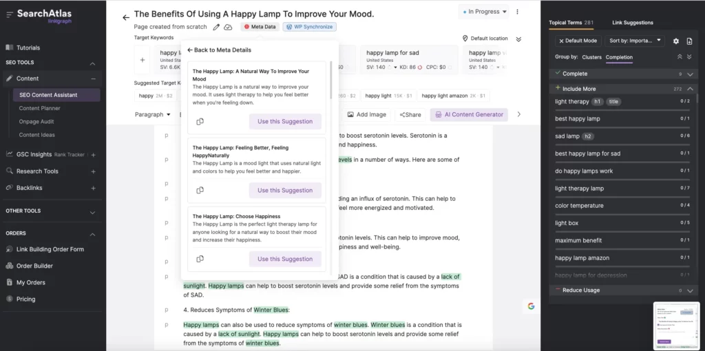 List of AI Generated title tags and meta descriptions in Search Atlas