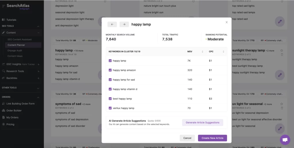 screenshot of a keyword cluster generated by the Search Atlas content planner