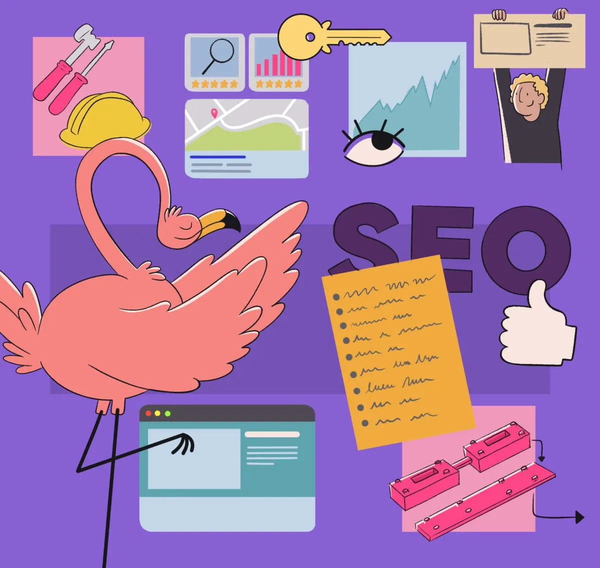 Colorful illustration depicting various elements related to seo (search engine optimization), including a flamingo, graphics, key, documents, and digital devices.