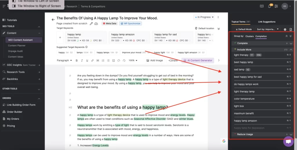 Screenshot of the SEO Content Assistant with red arrows pointing at the Focus Term suggestions