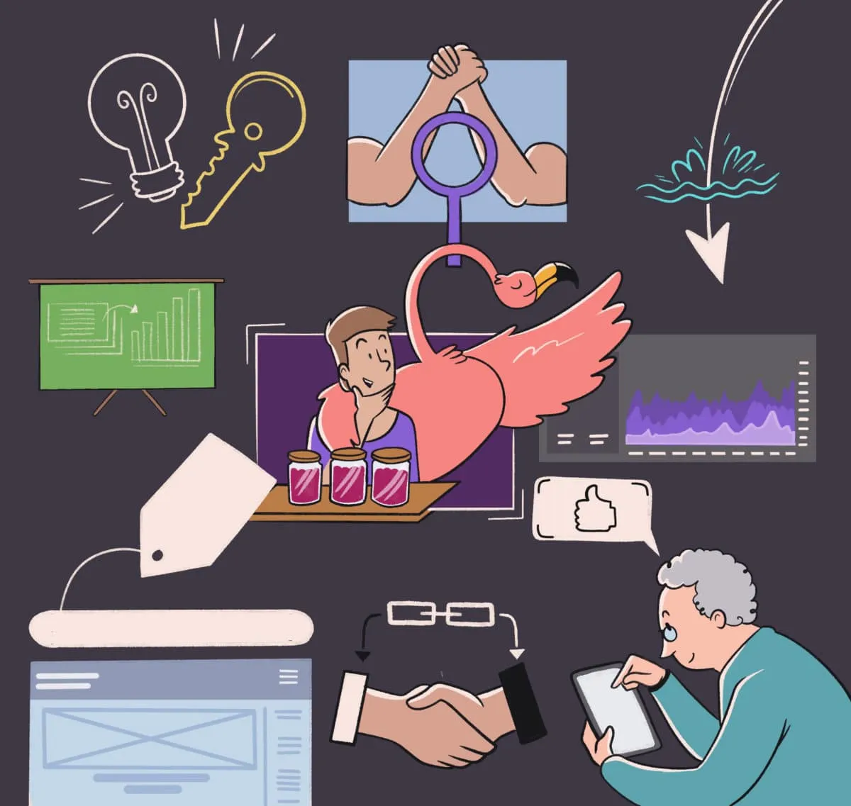 An illustration showcasing various concepts, including creativity, collaboration, fitness, technology, research, and digital communication.