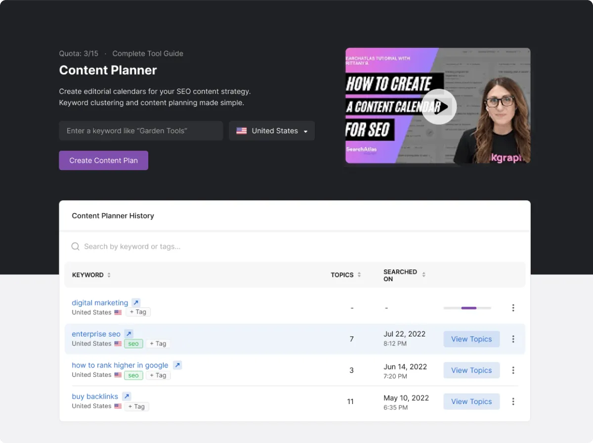 LinkGraph content planner interface with keyword search history and video tutorial