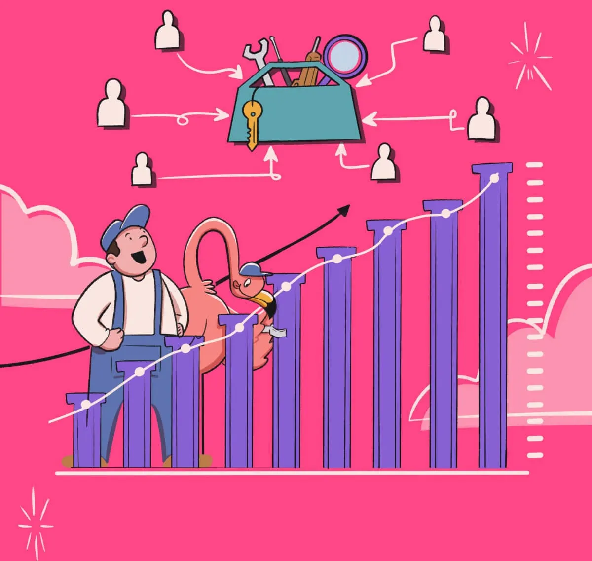 Illustration of two people analyzing data trends on a large bar graph, with one pointing at a peak and various analytical icons floating overhead.
