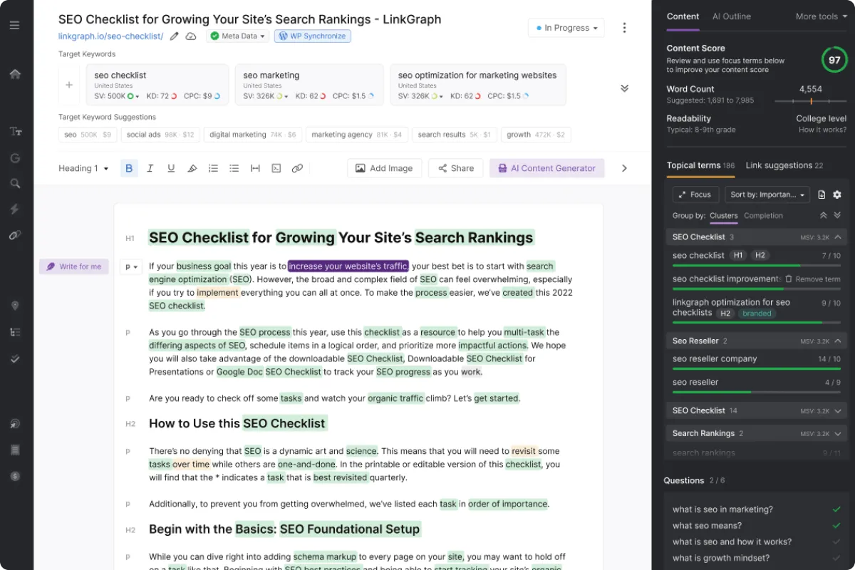 Screenshot of an SEO content editor showing a high content score of 97, keyword suggestions, content readability, and optimization tips for an article titled “SEO Checklist for Growing Your Site’s Search Rankings”
