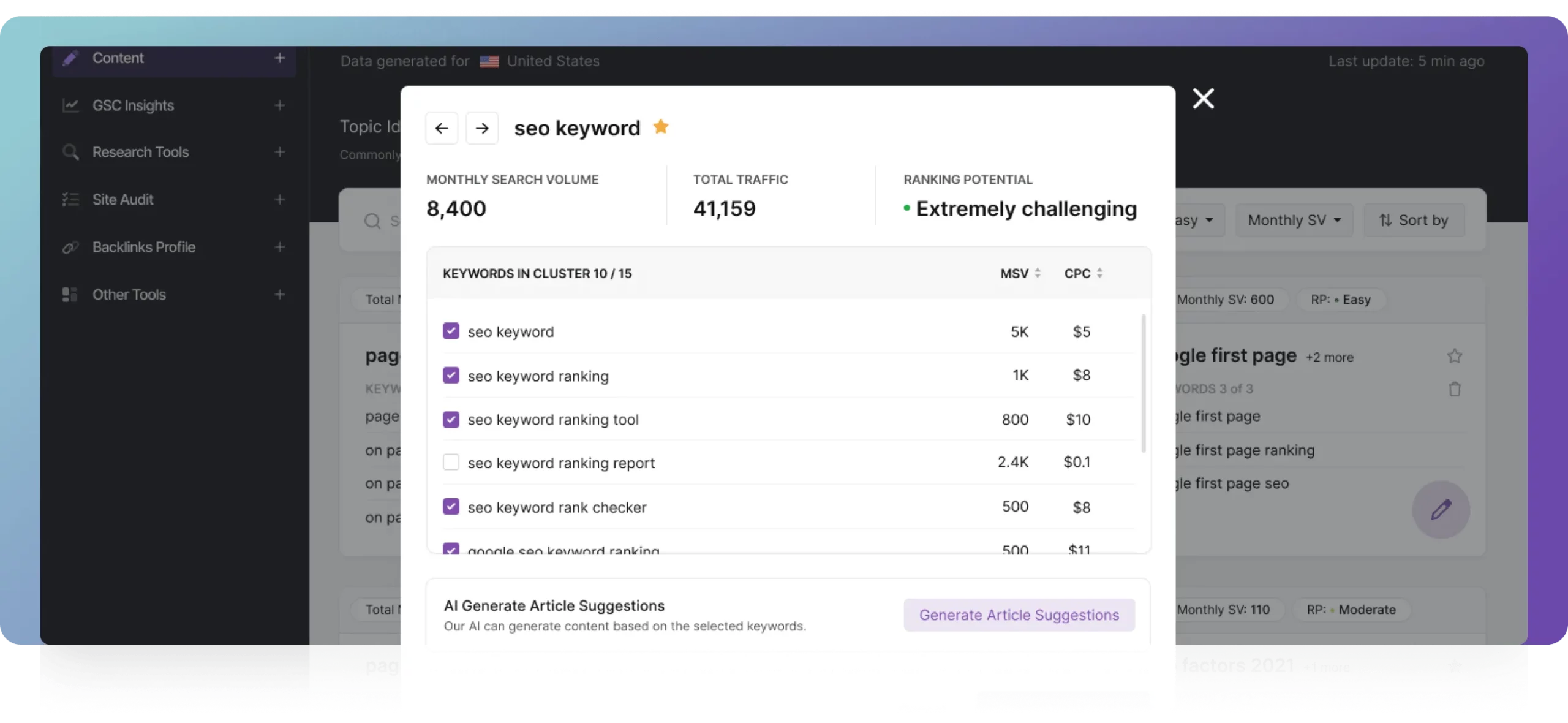 SEO keyword research tool interface showing “seo keyword” with a monthly search volume of 8,400 and total traffic of 41,159. Ranking potential is marked as “Extremely challenging.” A list of related keywords is shown, including “seo keyword ranking,” “seo keyword ranking tool,” and their corresponding MSV (Monthly Search Volume) and CPC (Cost Per Click).