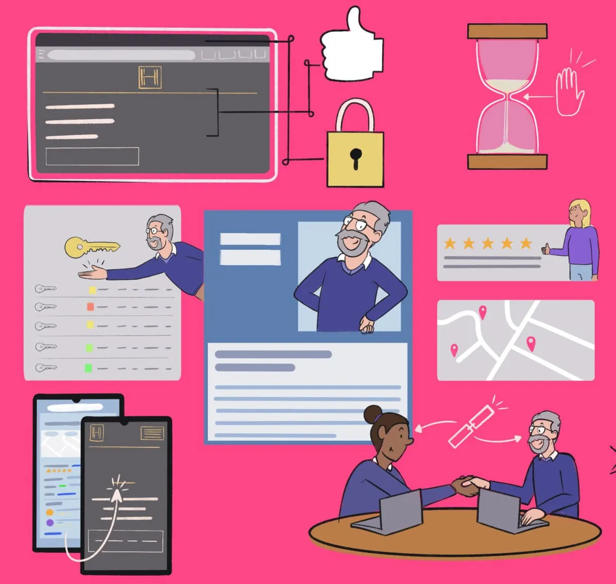 An illustration depicting various aspects of digital user interaction, including online security, customer feedback, time management, communication, and data analysis.