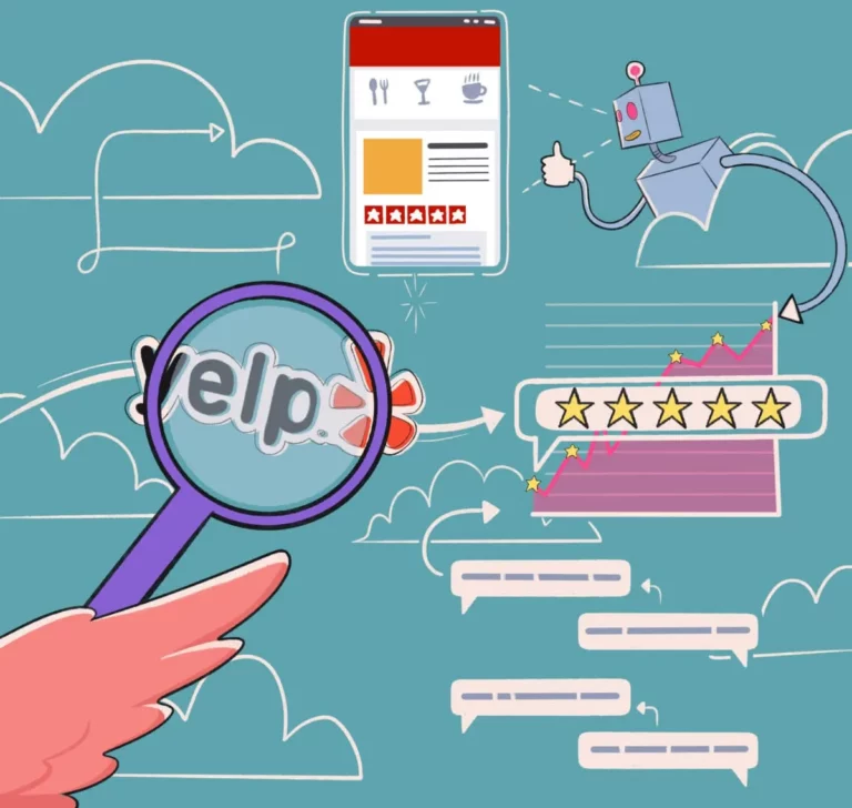 Illustration of online review concept with hand holding a magnifying glass over "help" text, a robot giving a thumbs up to a phone displaying utensils and a rating interface, and a five-star review chart with an upward trend.