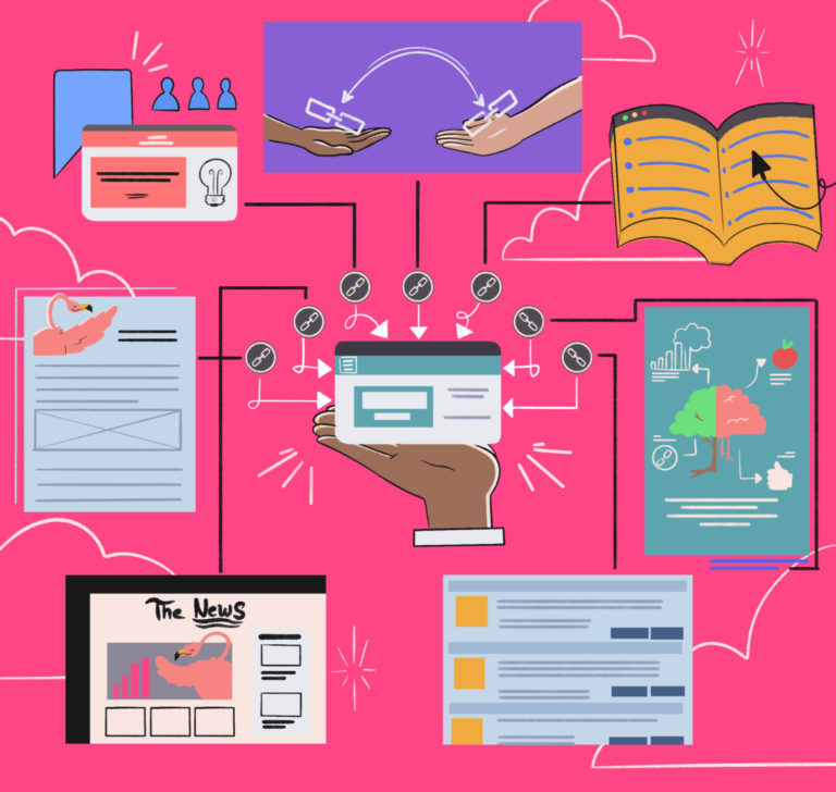 Illustration of various forms of communication and media including social media, news, email, and face-to-face interaction.