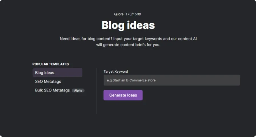 AI blog ideas generator interface with input field for target keyword