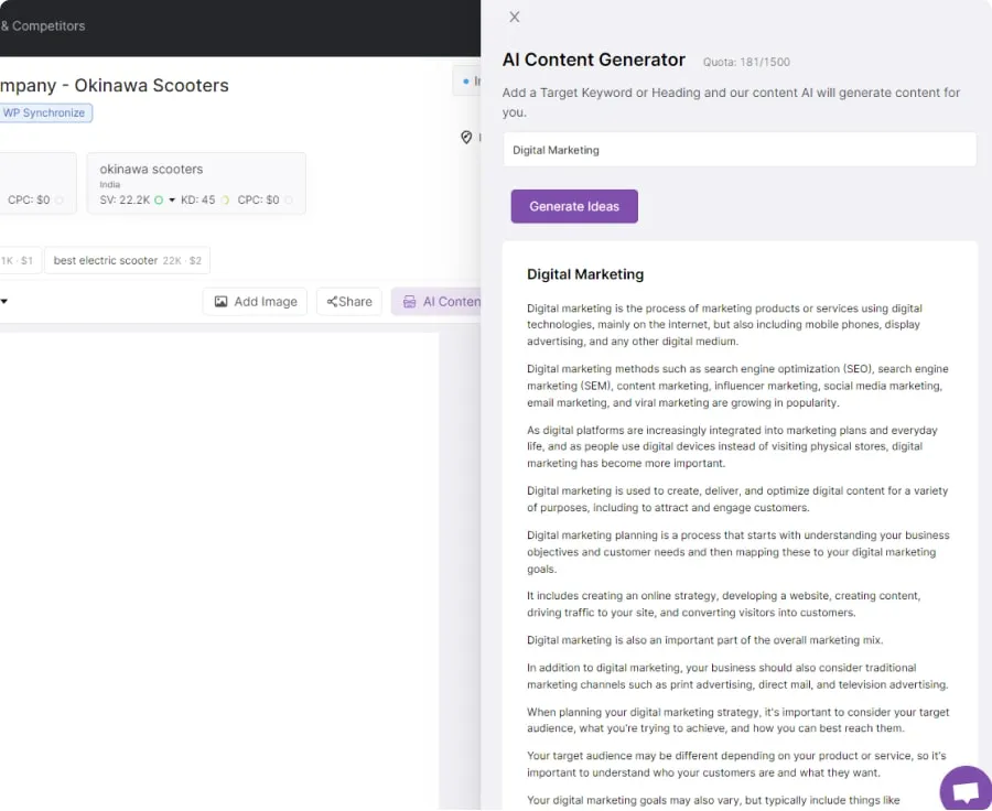 Screenshot of an AI content generator tool producing digital marketing content based on the keyword “Digital Marketing.”