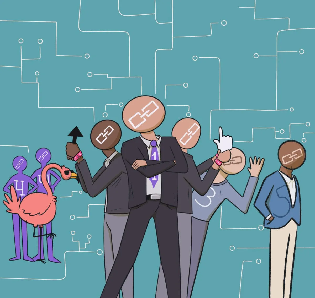 Group of people with social media icon heads indicating a commentary on online identity and social media presence.