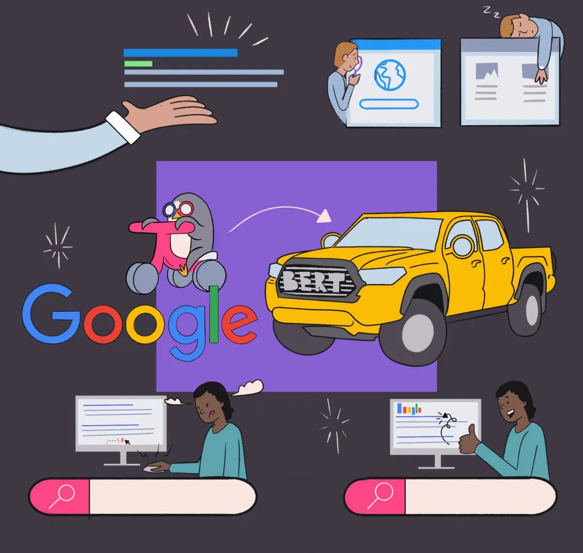An illustrative collage featuring elements of modern work life, including google's logo, a pickup truck, individuals working on computers, and various business-related icons.