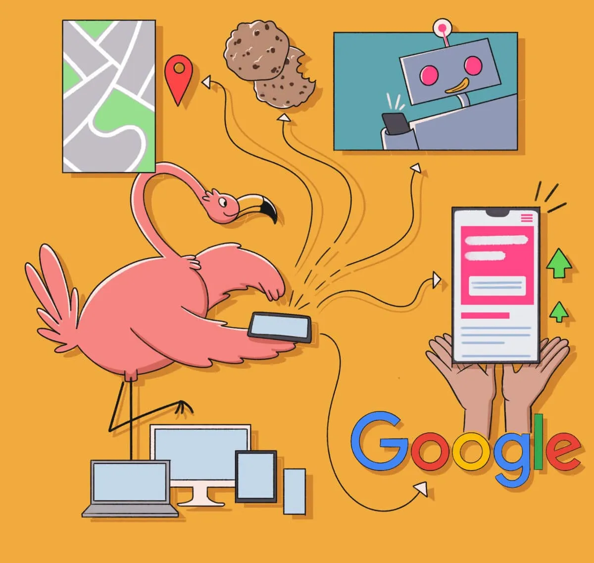 A colorful illustration featuring a flamingo using a smartphone with various modern technology and social media icons surrounding it, set against an orange background.