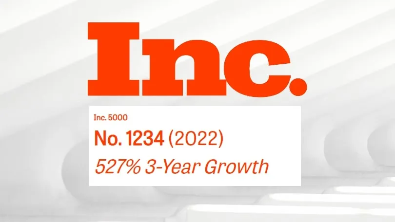 Inc. 5000 badge highlighting rank No. 1234 for 2022 with 527% three-year growth