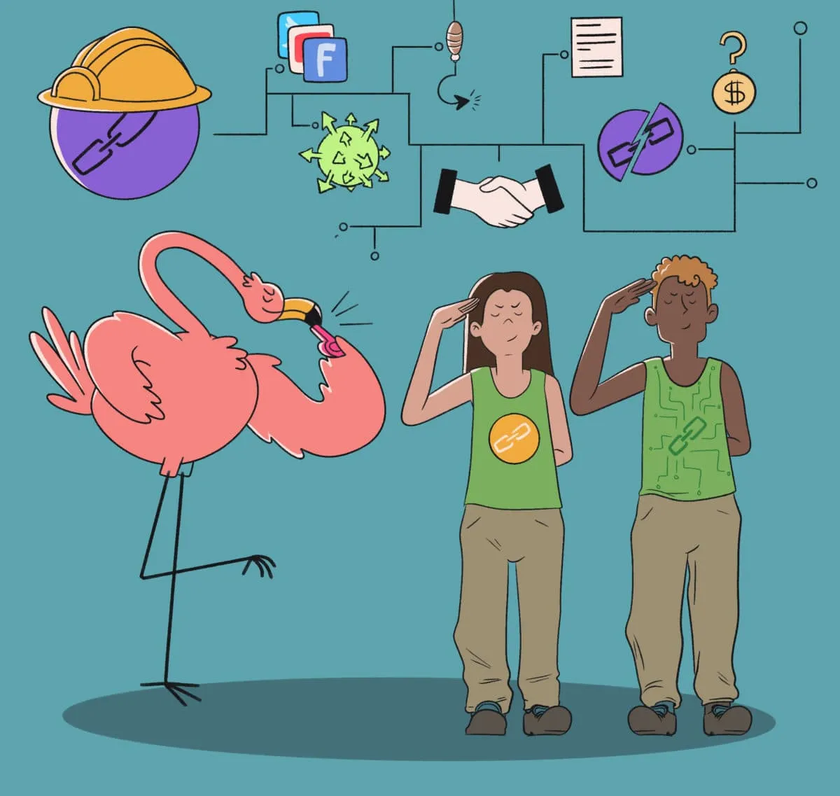 Two people appear perplexed by a pink flamingo balancing a stack of random objects on its beak, with symbolic icons depicting various business and social media concepts floating in the background.