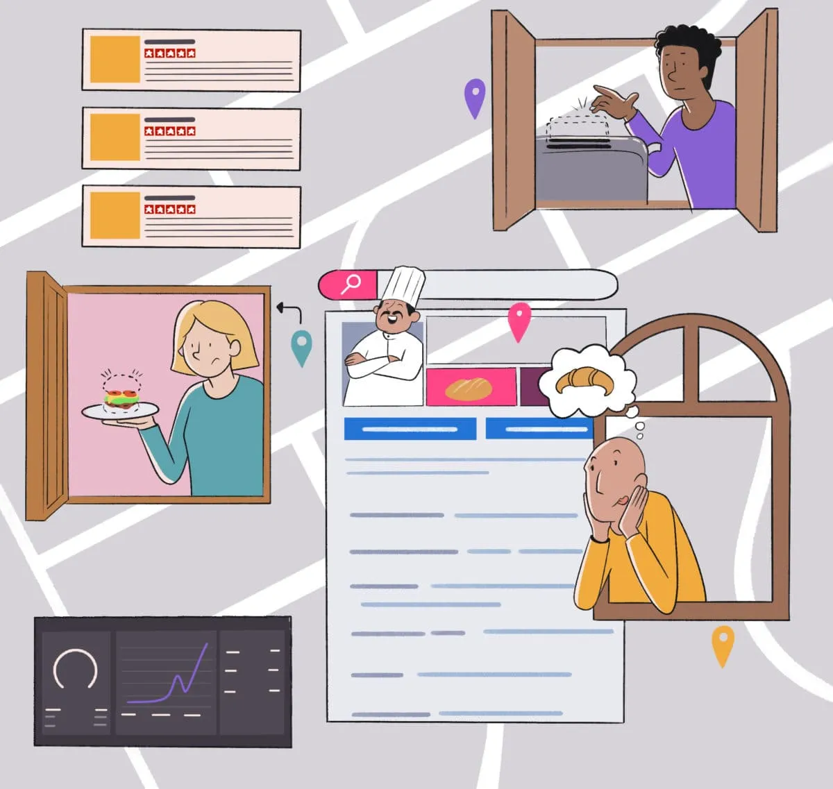 Illustration of various online interactions, including people cooking, eating, taking notes, and analyzing data on different devices.