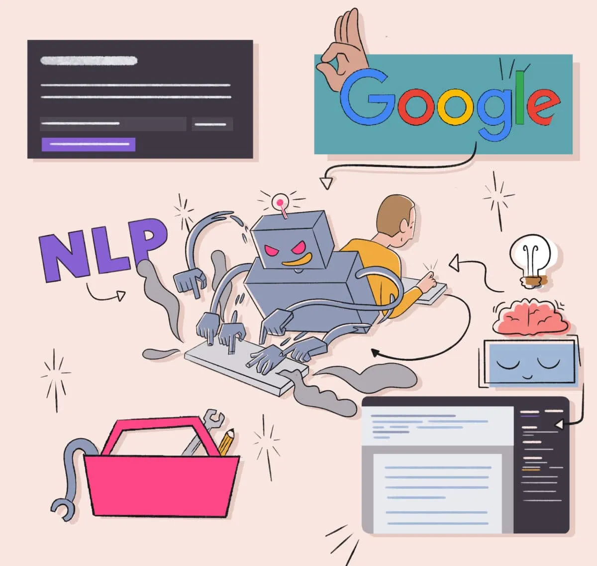 A colorful illustration featuring different elements related to technology and artificial intelligence, including a robot and human working together, a brain with circuitry, the google logo, and symbols representing natural language processing (nlp).