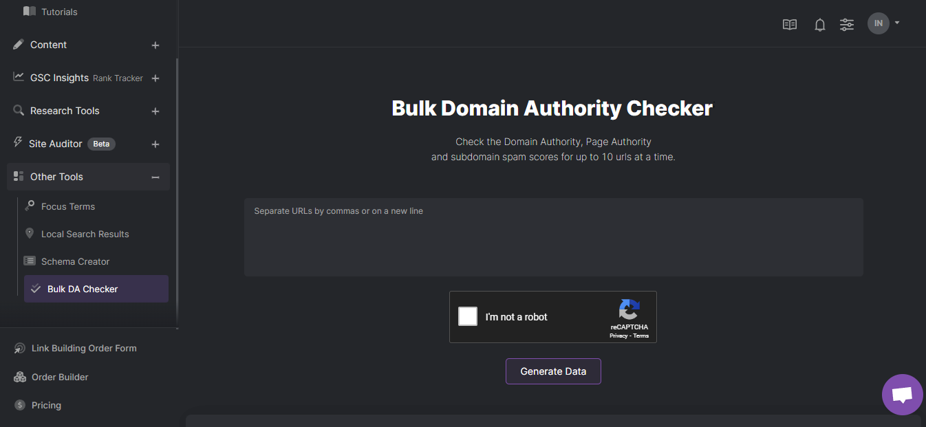 A screenshot of the free Domain Authority Checker.
