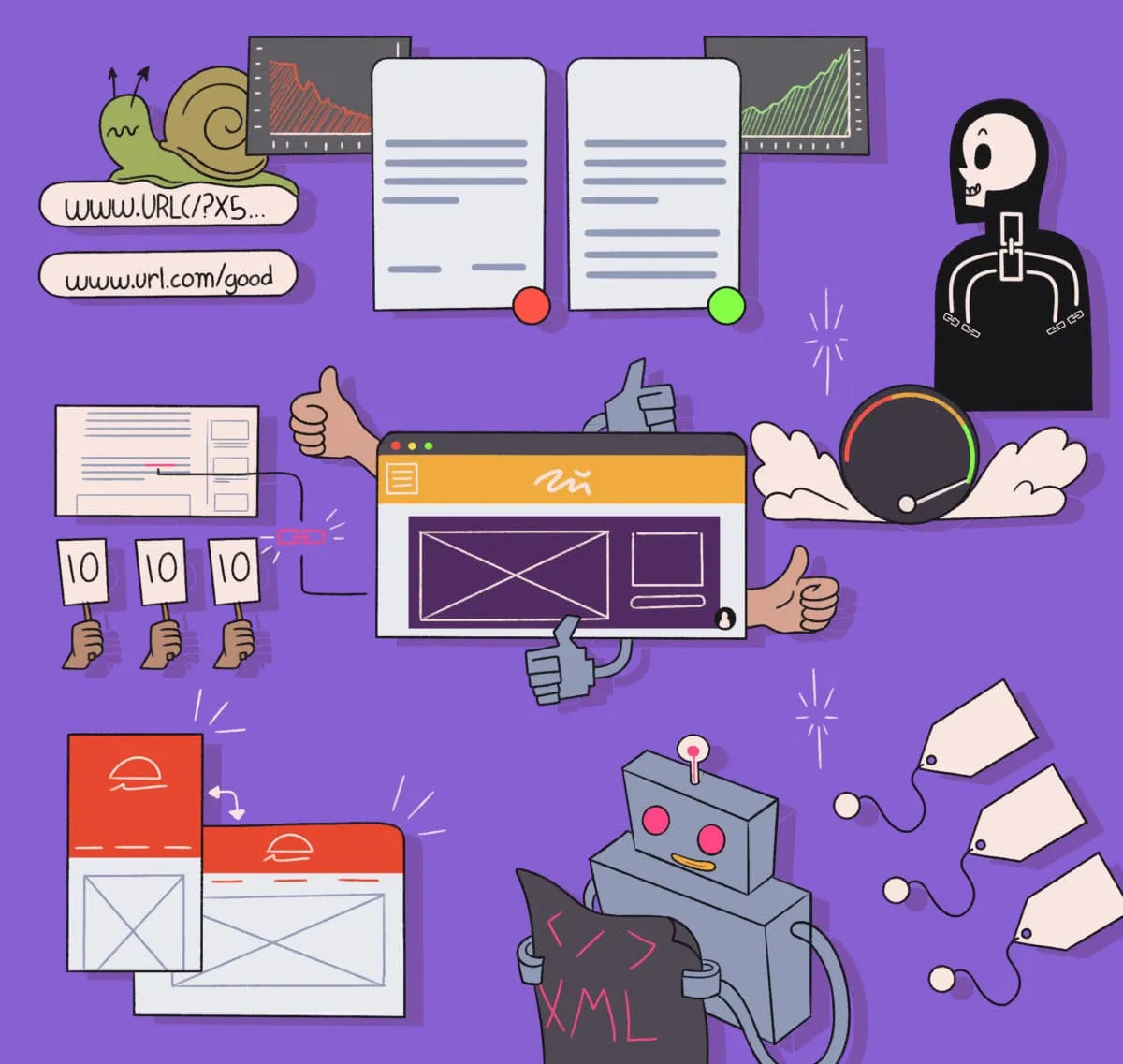 Illustration of various web and technology elements, including a browser window, email interface, data reports, and a robot with the xml symbol.