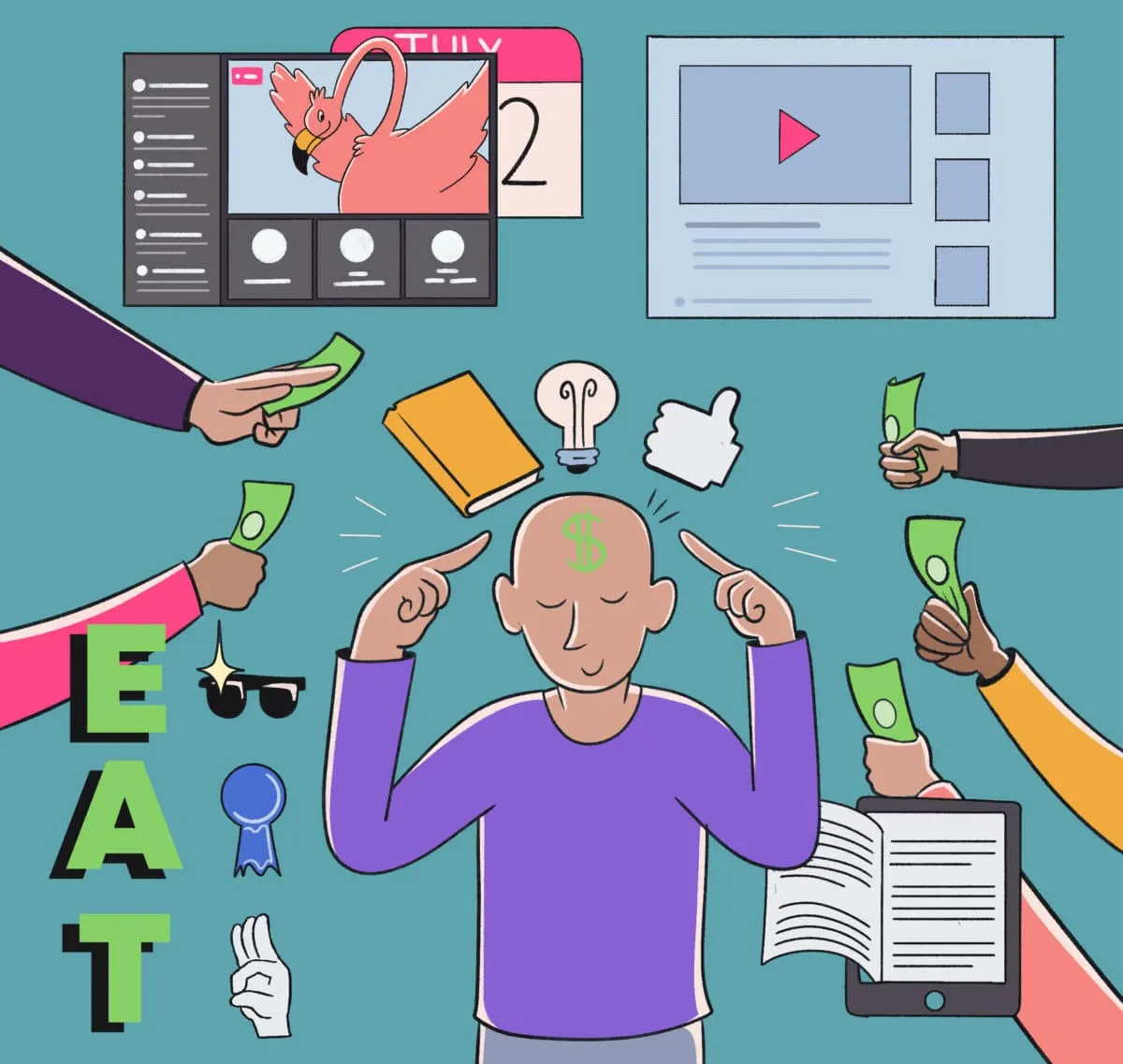 A collage of various elements symbolizing monetization around a central figure who appears to be planning or thinking about money.