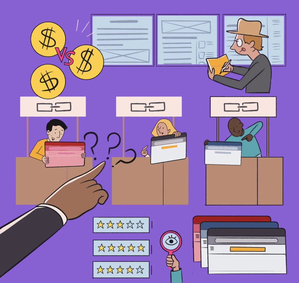 An illustration depicting various aspects of business decision-making, including financial considerations, data analysis, customer feedback, and quality evaluation.