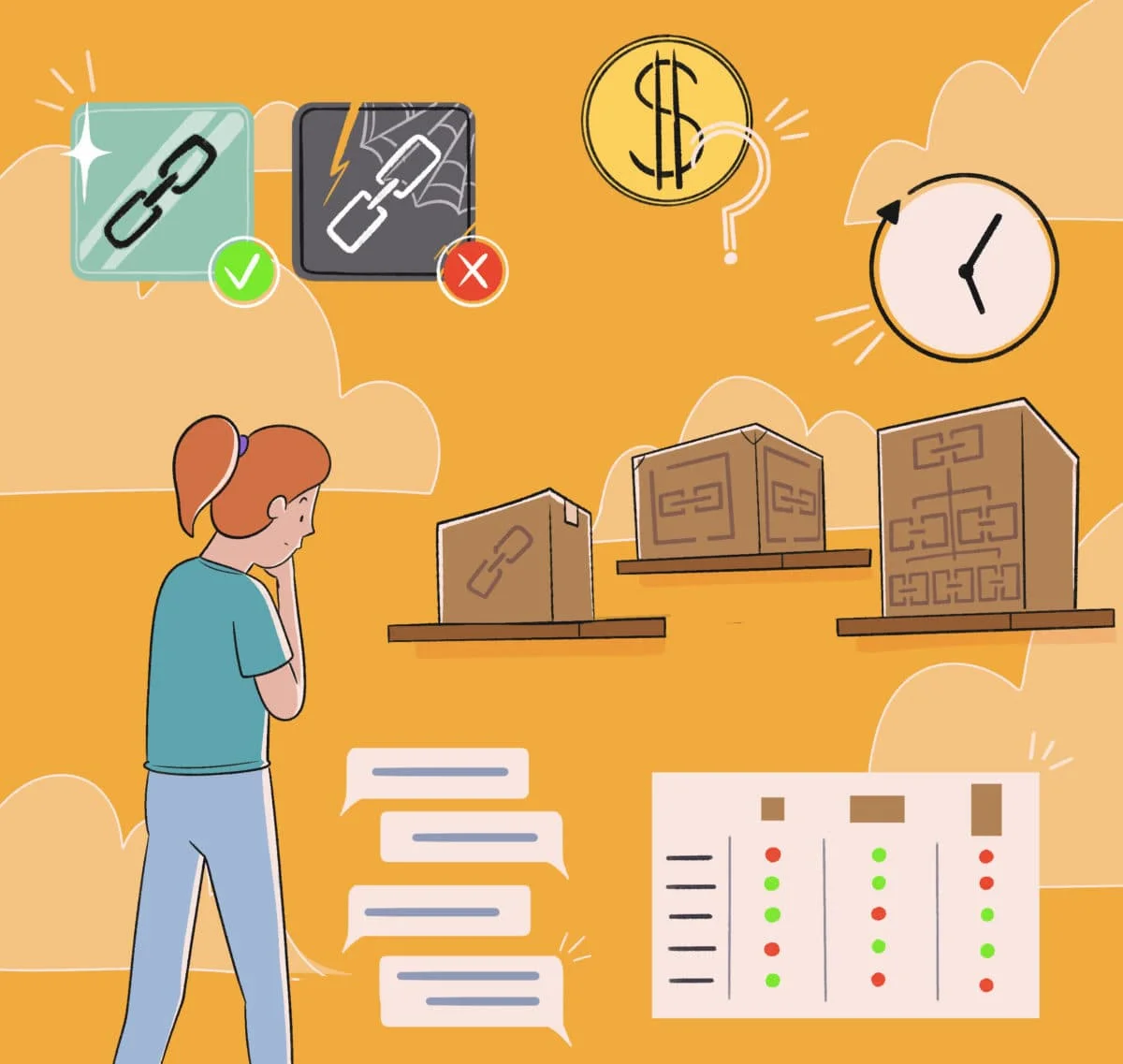 Illustration of a person contemplating different choices represented by symbols such as a checklist, a maze, a clock, money, and a document with review marks.
