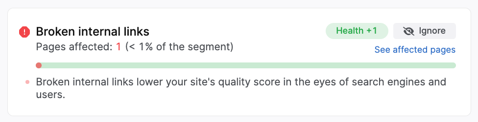 screenshot of the broken internal links issue message in the searchatlas site auditor