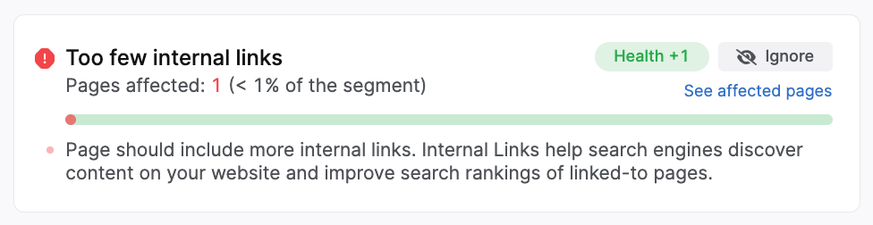 screenshot of the too few internal links issue in the searchatlas site auditor