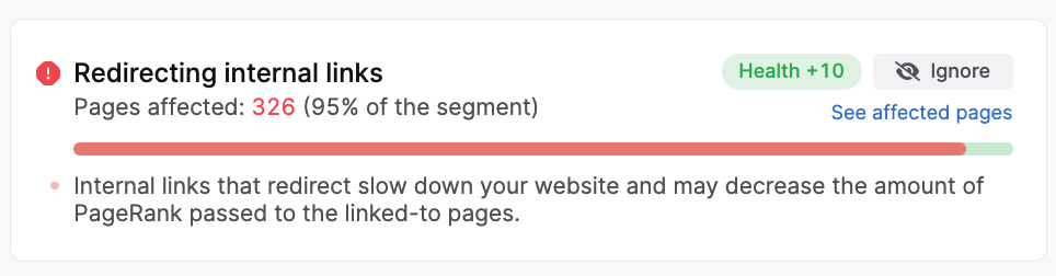 screenshot of internal links with redirects in searchatlas site audit report