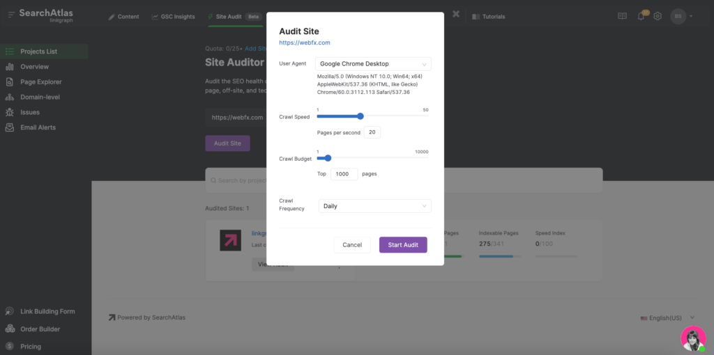 screenshot of searchatlas site auditor