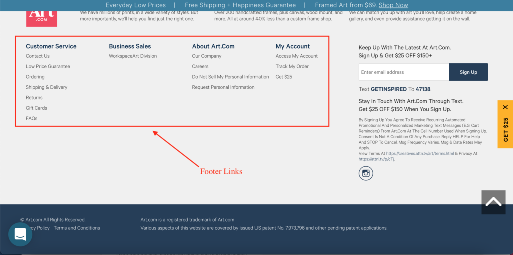 screenshot of a web page with a red box around the footer links