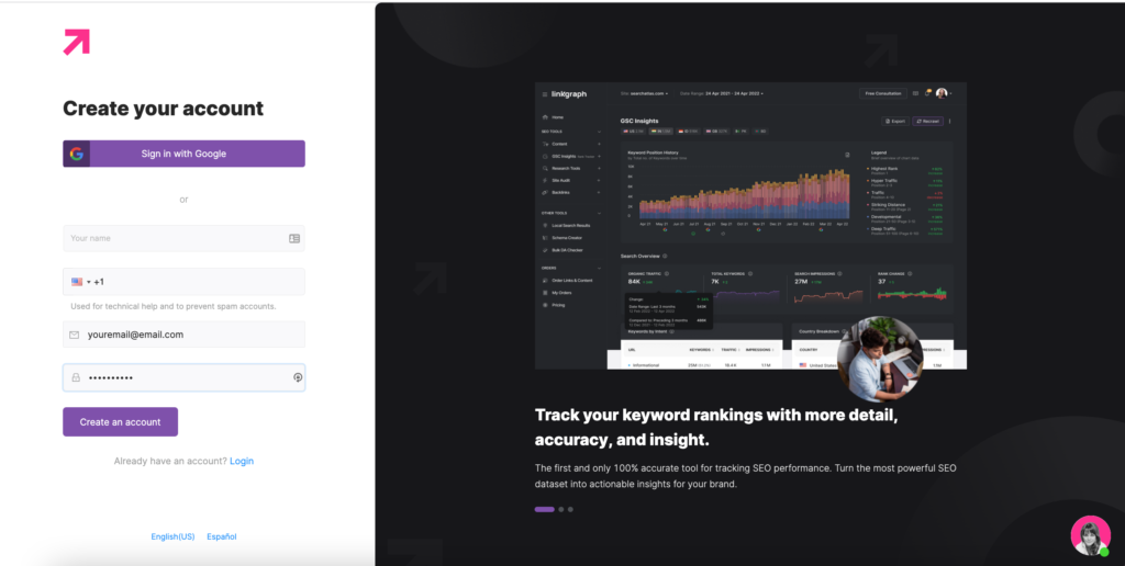 screenshot of Search Atlas registration page