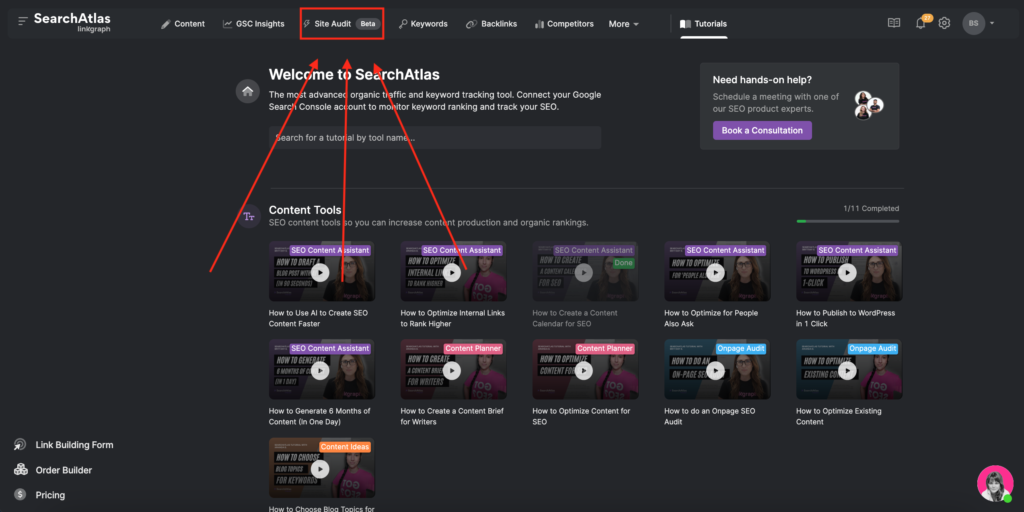 Screenshot of Search Atlas tutorial page with red arrows pointing to the site auditor tool