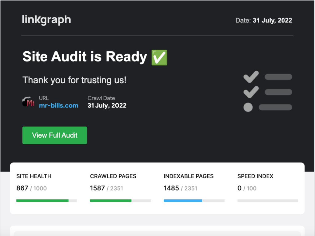 screenshot of searchatlas site auditor email alert
