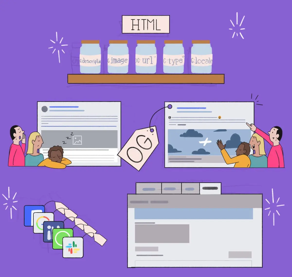 Illustration of people interacting with different web elements symbolized by html tags, highlighting web development concepts.