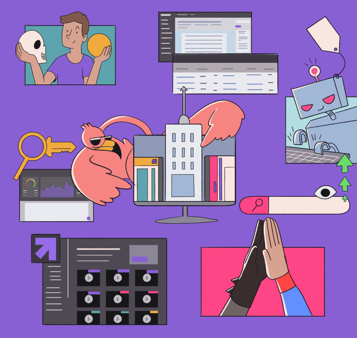 A collage of stylized illustrations depicting a variety of concepts, including creativity, technology, and collaboration.