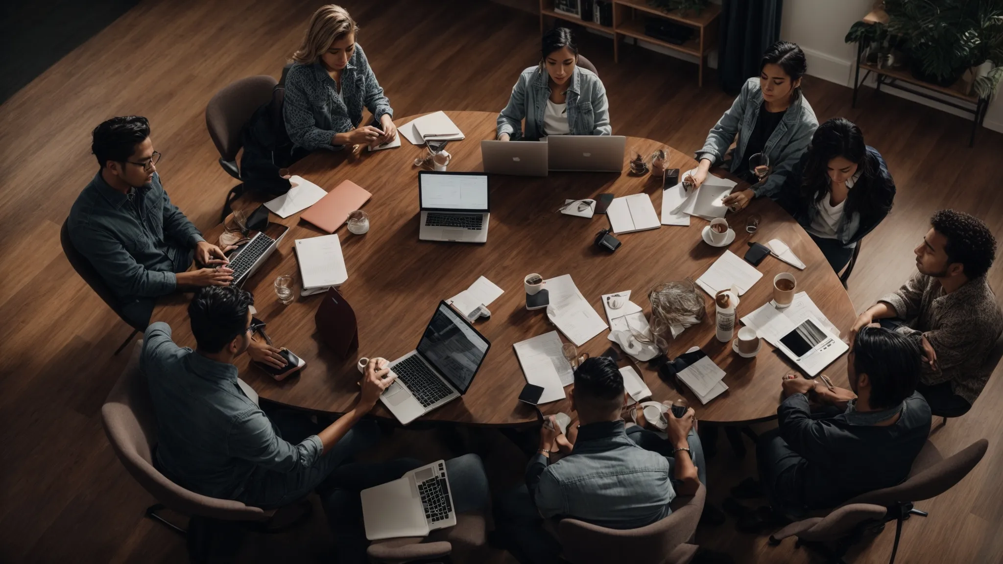 a team meeting around a large table with laptops open and discussing strategies.