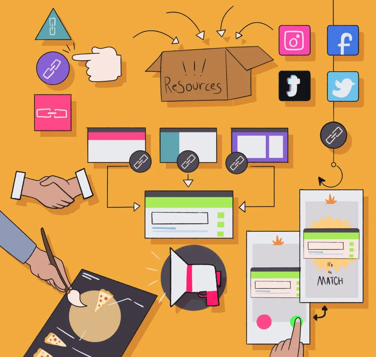An illustration of a content creation and social media management concept with various platforms and multimedia elements.