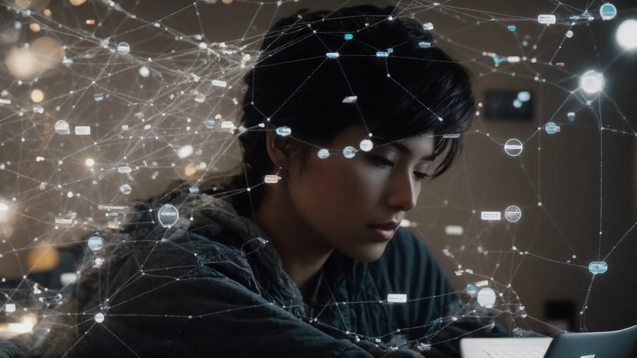 a person sits at a computer with a web of interconnected topic bubbles on the screen, representing a semantic search strategy.