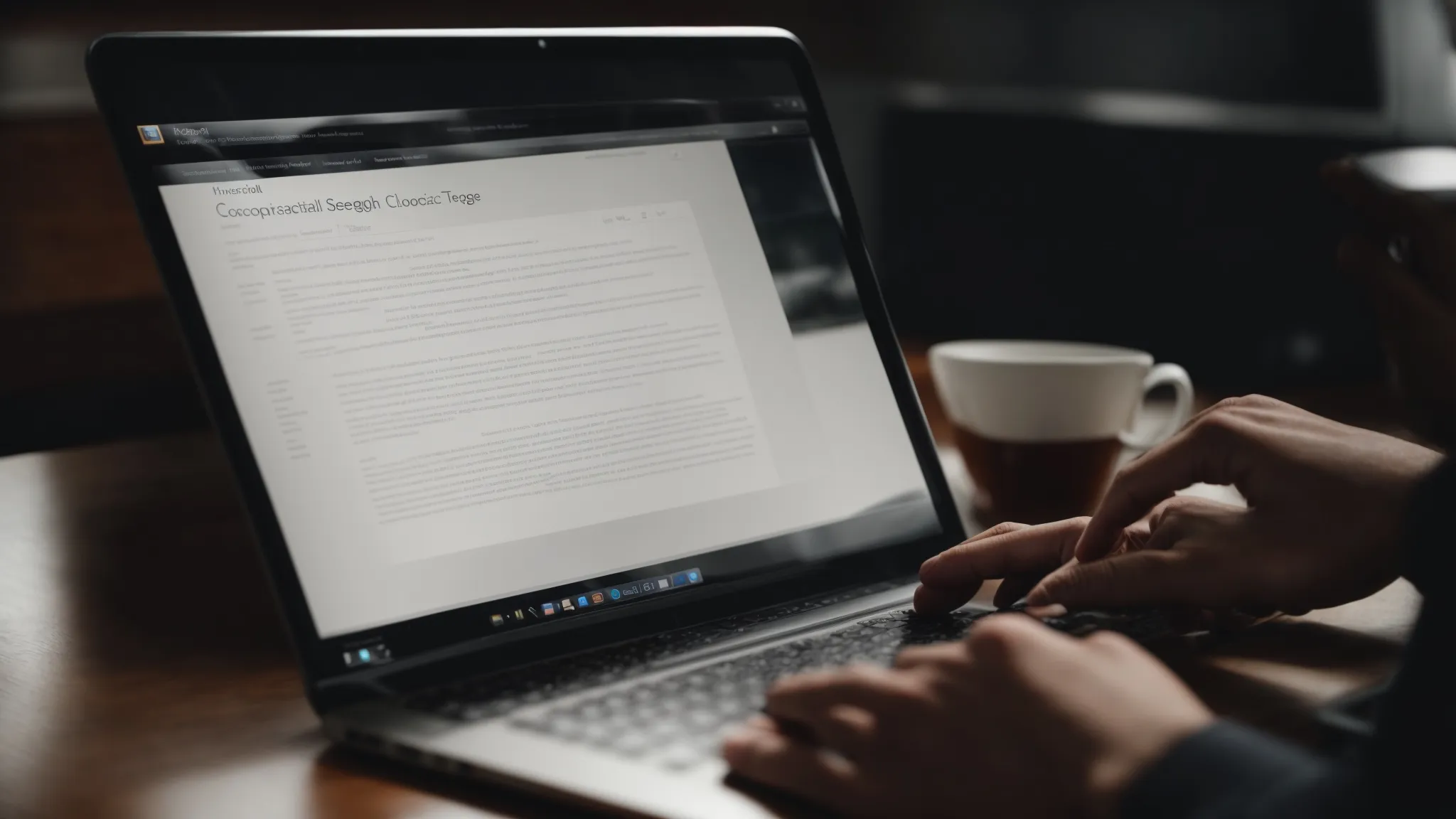 a person typing on a computer with a search engine webpage displayed on the screen.