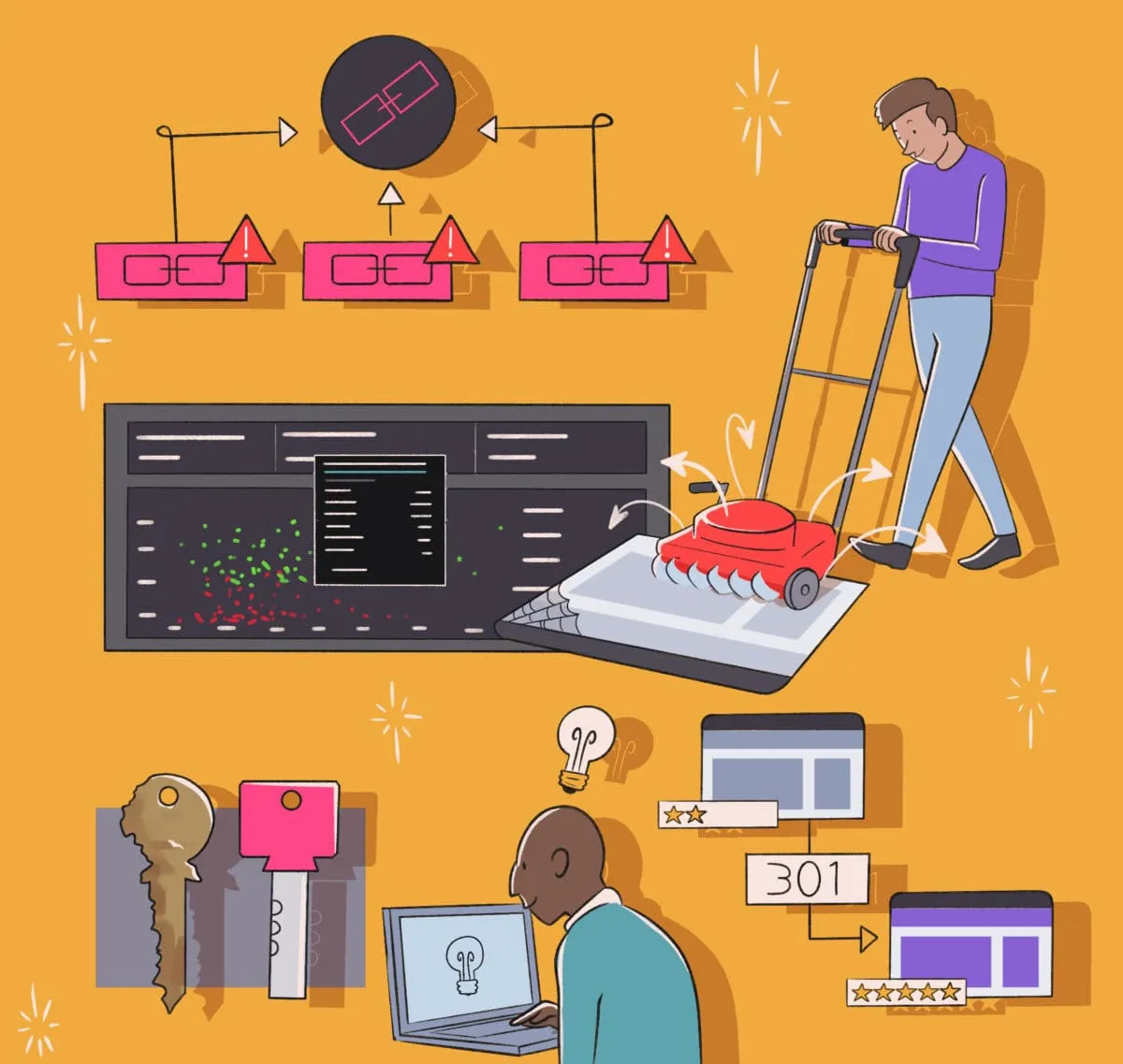 Illustrated concept showing website maintenance and SEO improvement. A man uses a lawn mower to clean a cobwebbed laptop, broken chain links indicate link issues, and a 301 redirect is shown between two web pages. Additional elements include keywords, a person brainstorming at a laptop, and analytical data on a screen.