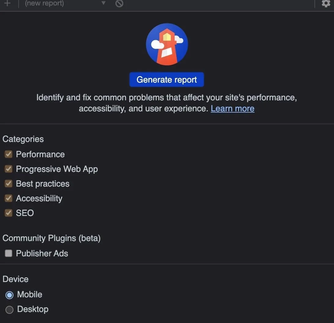 Lighthouse audit setup screen in Chrome DevTools with all categories selected and the mobile device option enabled