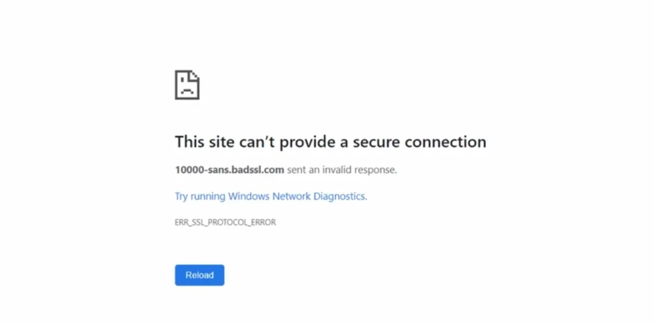 Chrome browser showing SSL protocol error for badssl site with reload button