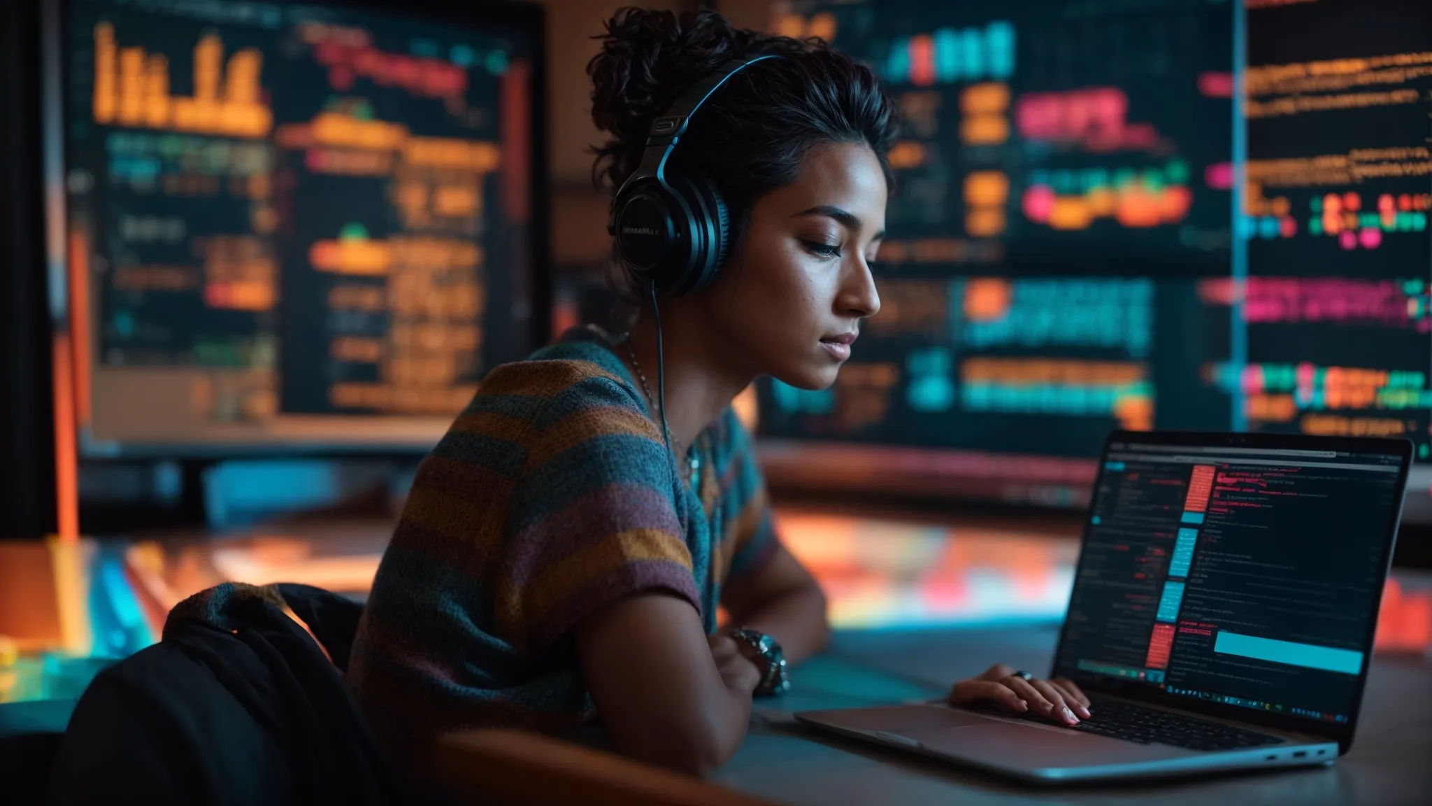 a person sitting at a laptop optimizing a website on wordpress with a bright, colorful seo analysis dashboard on the screen.