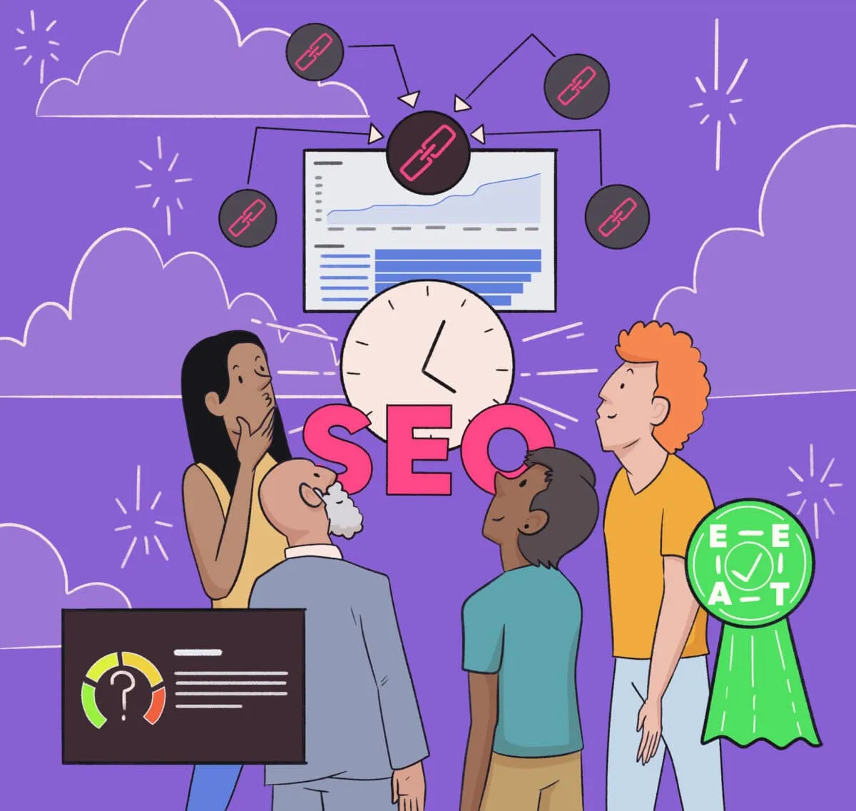 Four people stand under a large "SEO" label, looking at graphs, charts, and backlinks icons, with an EEAT quality badge shown on the right, against a purple background.