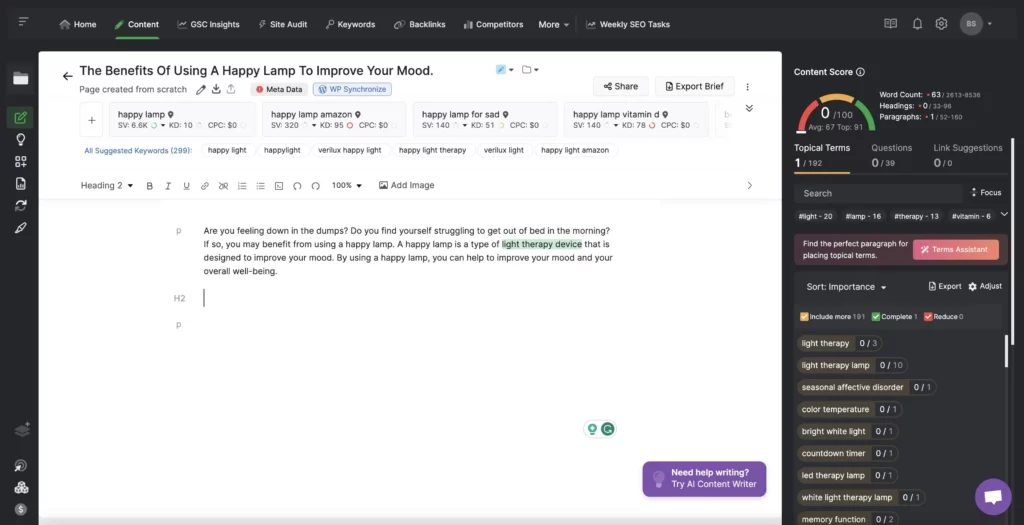 Screenshot of a content editor workspace for an article titled "The Benefits of Using a Happy Lamp To Improve Your Mood," featuring writing tools, tags, and editing options to help plan what to do after keyword research.