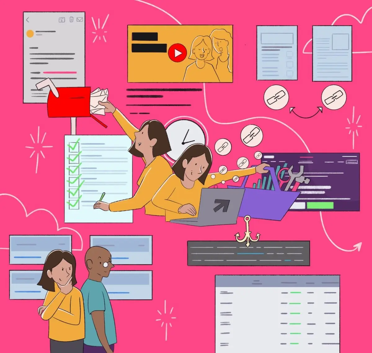 Cartoon of a multitasking person handling documents, checklists, emails, coding, and video editing, with two observers in the foreground, set against a bright pink background.