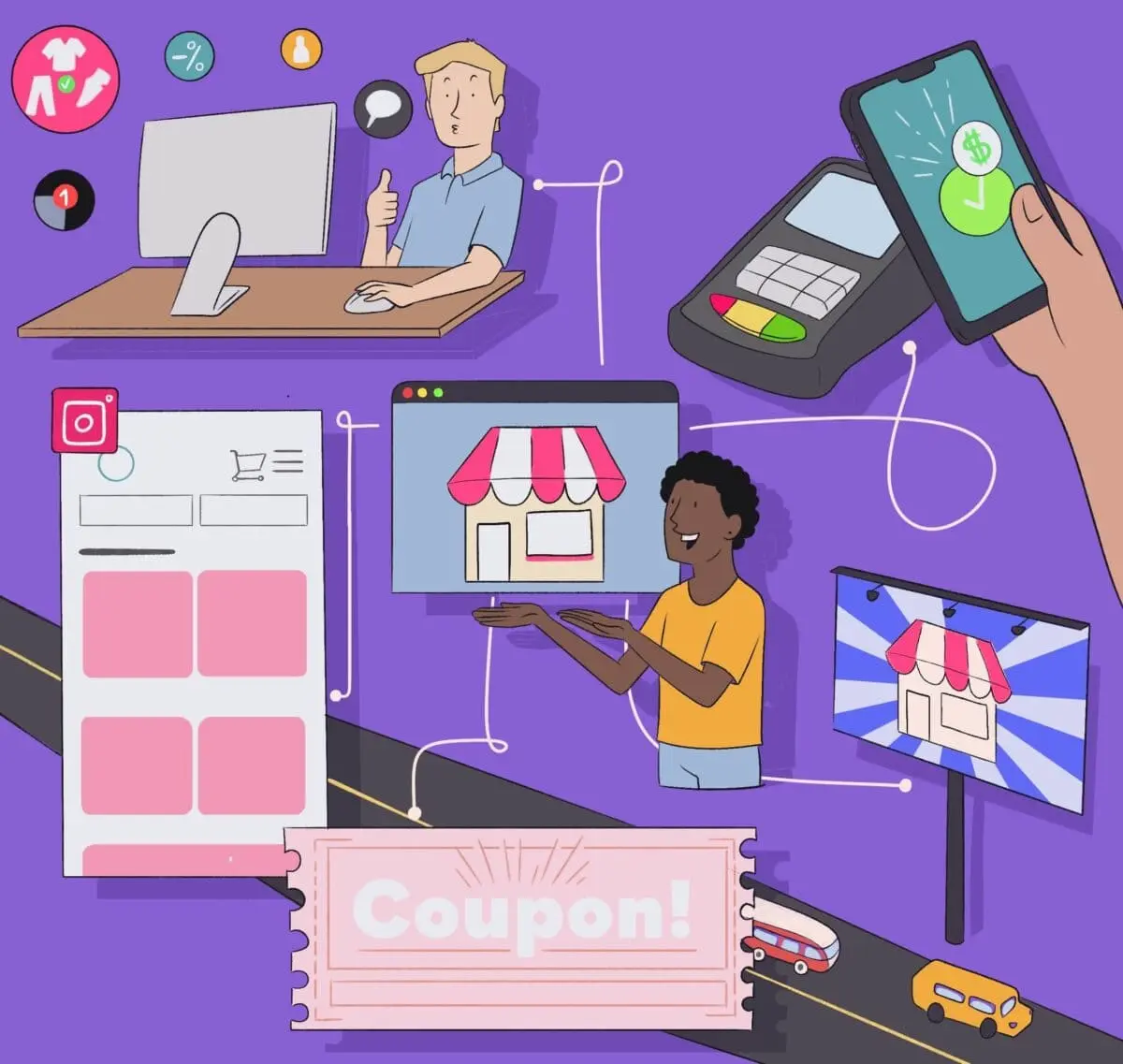 Colorful cartoon illustration showing online shopping, mobile payments, Instagram storefronts, digital coupons, and product promotion across web, phone, and billboard platforms.