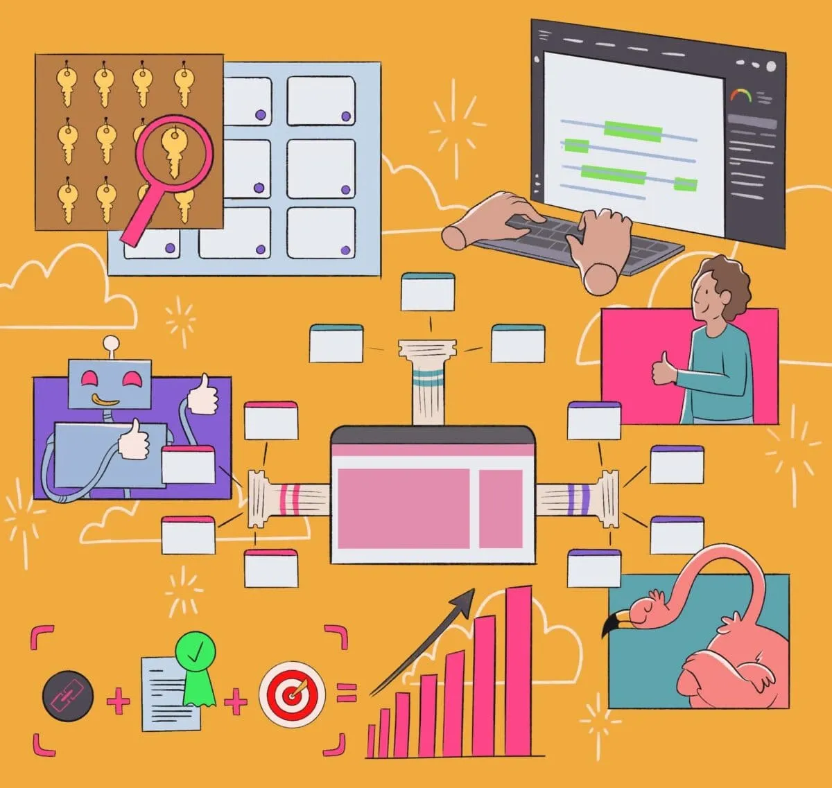 Illustration of SEO content planning with keyword research, website structure, on-page optimization, automated tools, and performance tracking using colorful cartoon elements