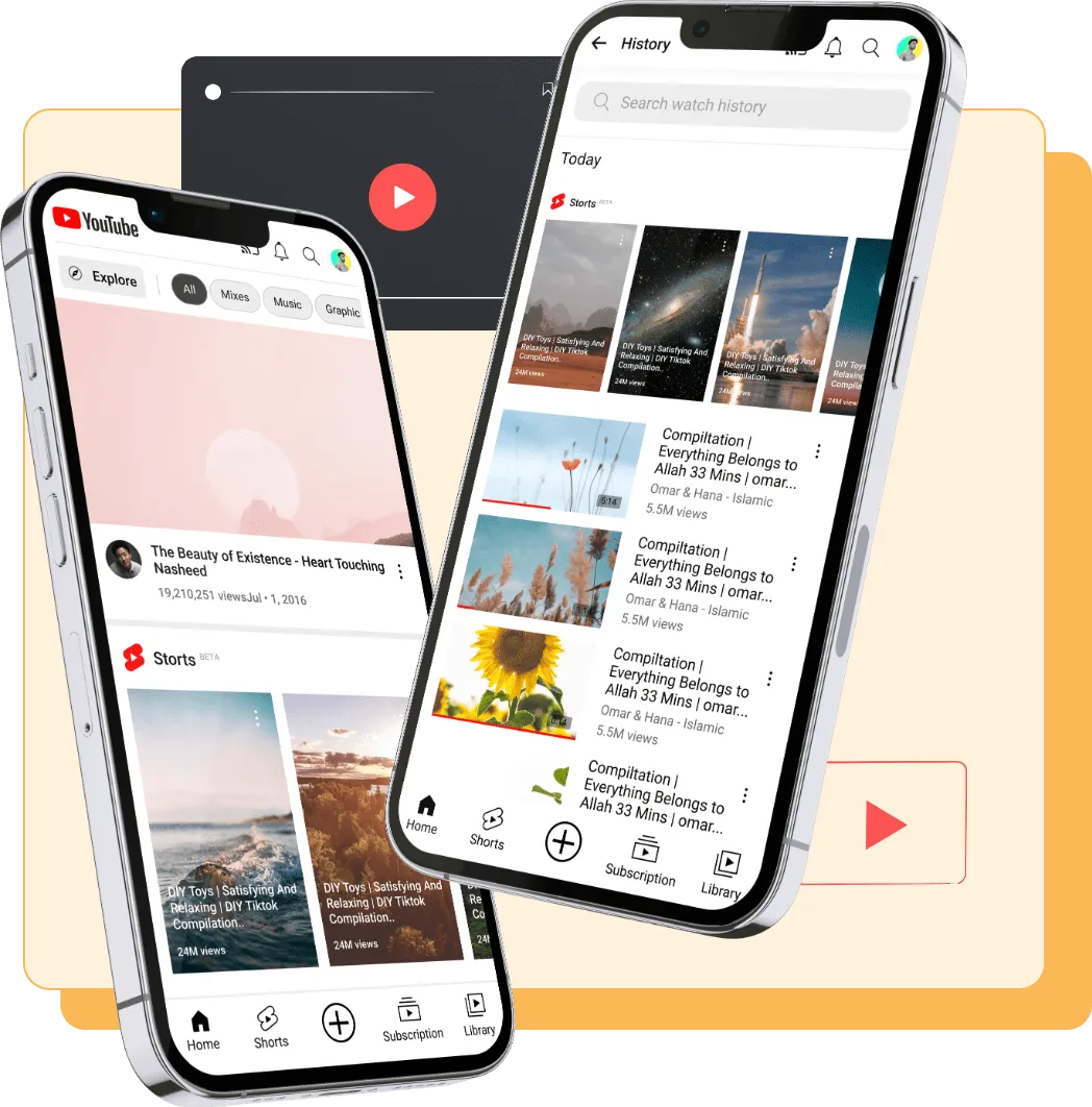 Two smartphones displaying YouTube mobile interface with video suggestions, history, and shorts section, layered over a stylized background featuring a play button.